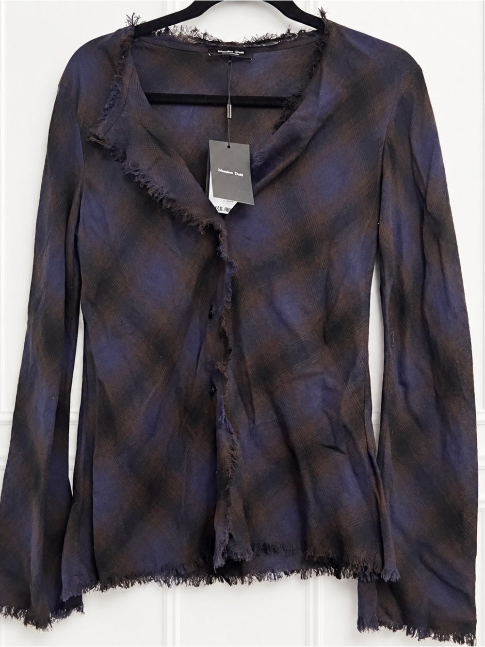 Massimo Dutti Navy Tartan Plaid Wool Blend Frayed Edge Blouse XS NWT